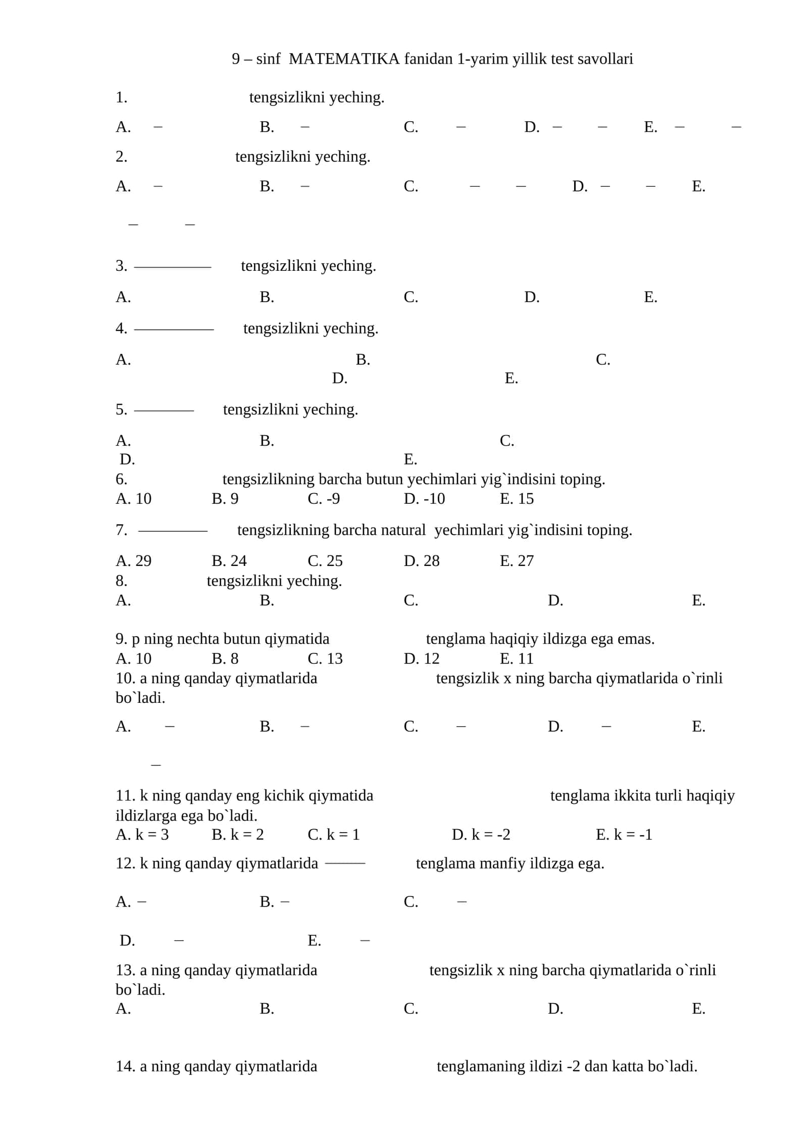 9 – sinf MATEMATIKA fanidan 1-yarim yillik test savollari