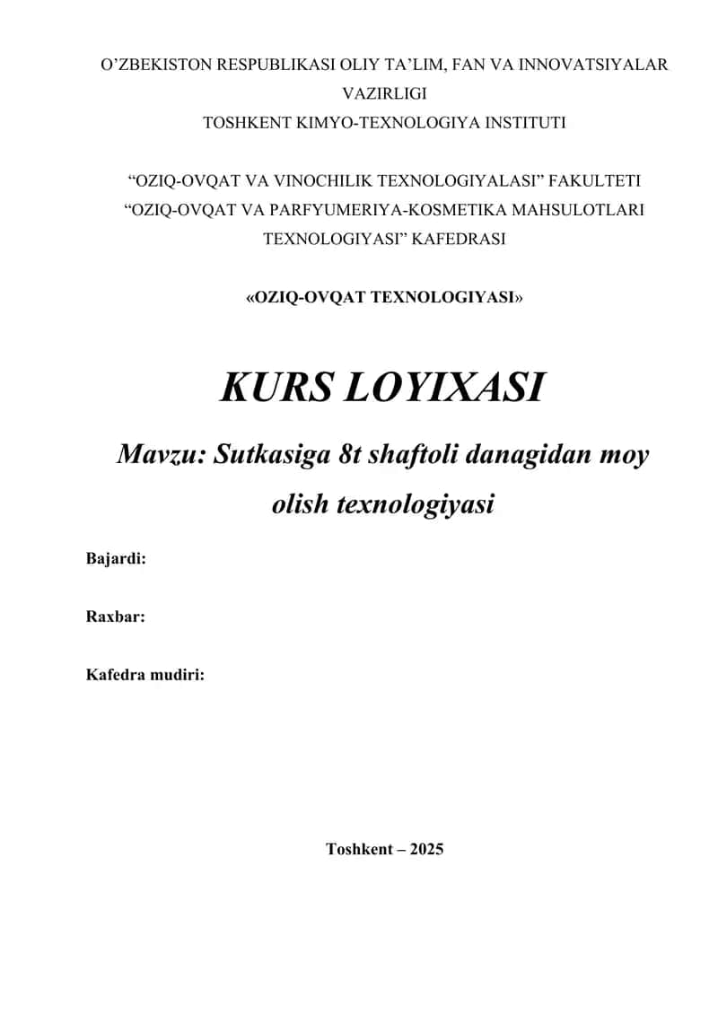 Sutkasiga 8t shaftoli danagidan moy olish texnologiyasi
