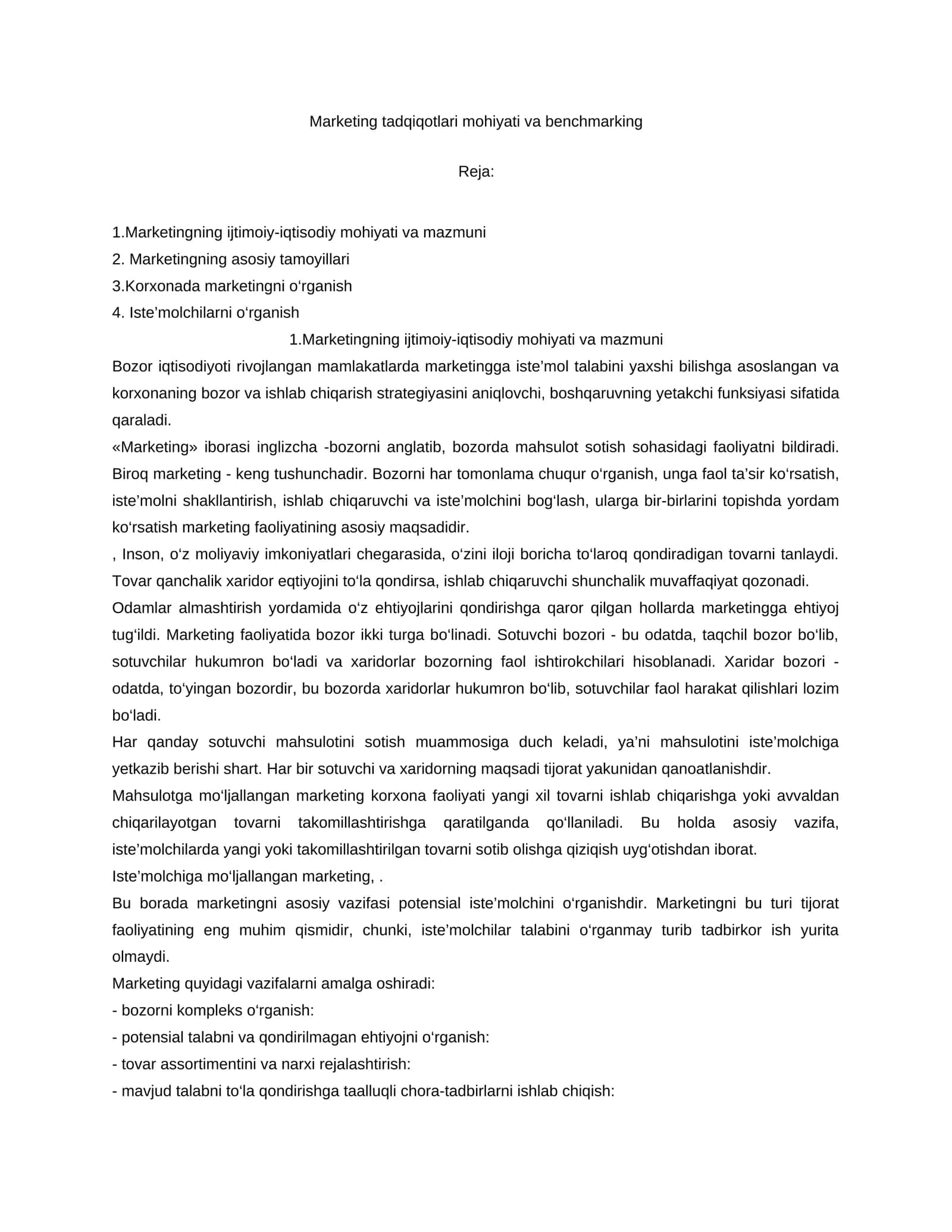 Marketing tadqiqotlari mohiyati va benchmarking