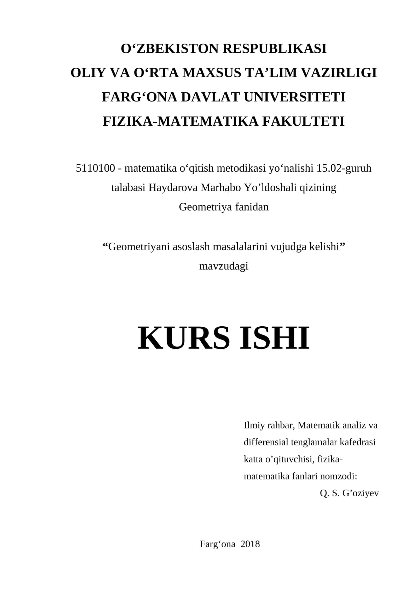 Matematika o‘qitish metodikasi yo‘nalishi - Geometriya fanidan KURS ISHI