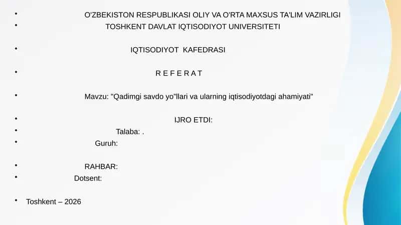 Iqtisodiyot tarixi fanidan referat