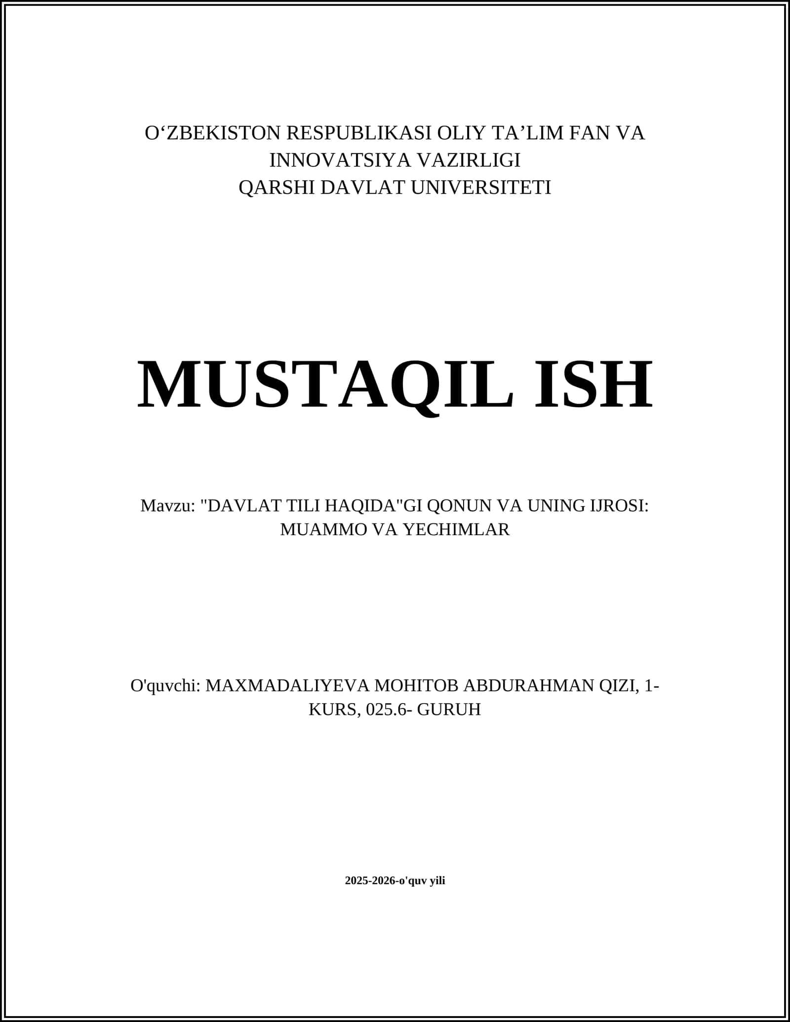 "DAVLAT TILI HAQIDA"GI QONUN VA UNING IJROSI: MUAMMO VA YECHIMLAR