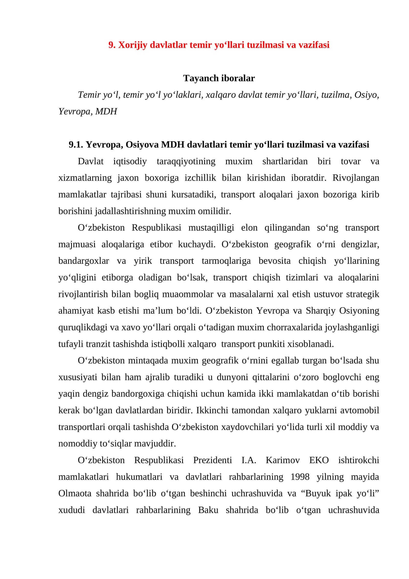 Xorijiy davlatlar temir yo‘llari tuzilmasi va vazifasi