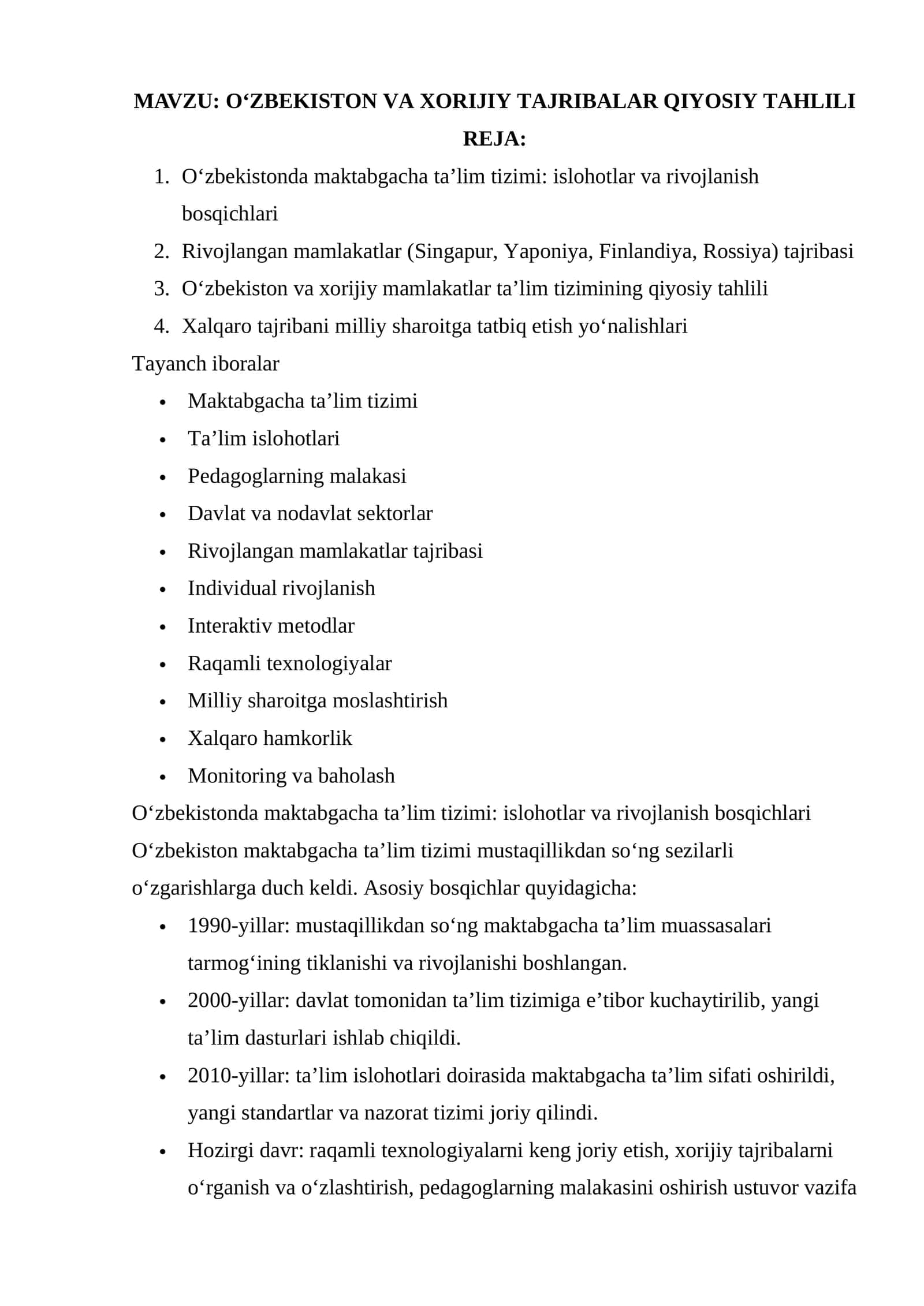 O‘ZBEKISTON VA XORIJIY TAJRIBALAR QIYOSIY TAHLILI