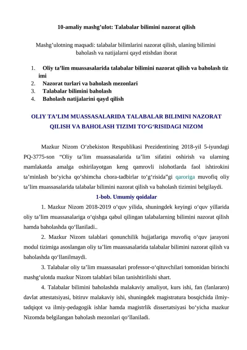 10-amaliy mashg’ulot: Talabalar bilimini nazorat qilish