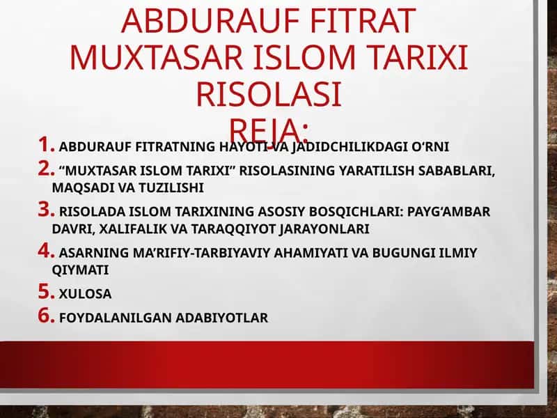 Abdurauf Fitratning "Muxtasar islom tarixi" risolasi