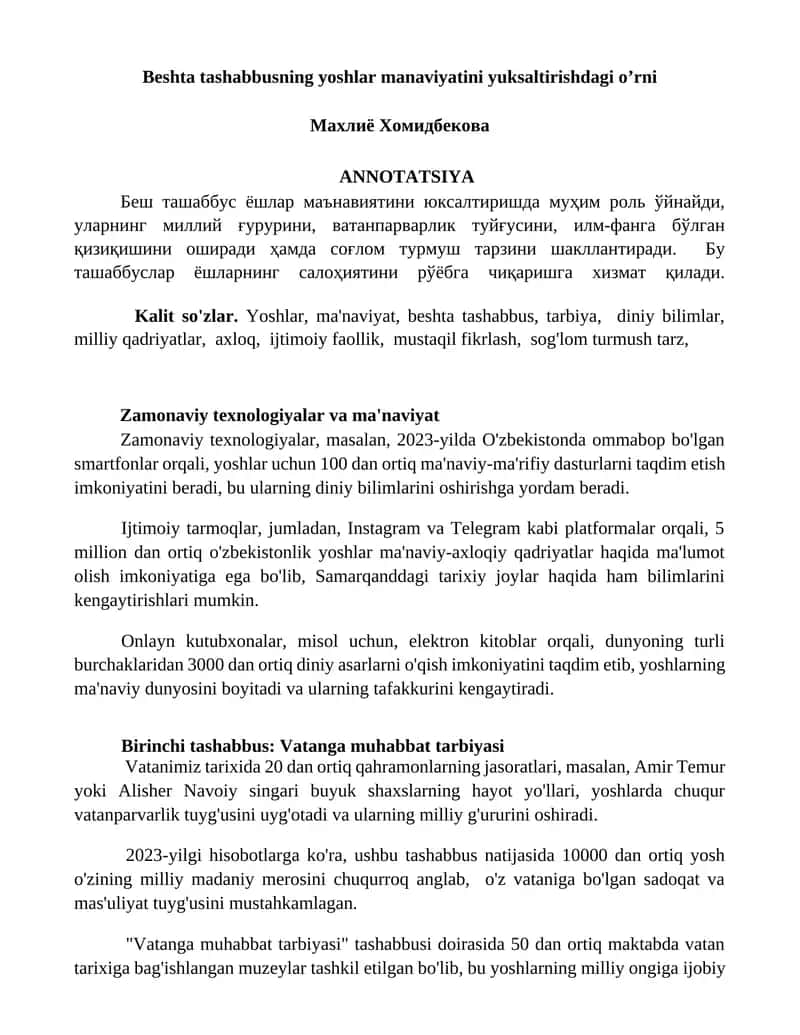 Beshta tashabbusning yoshlar manaviyatini yuksaltirishdagi o’rni