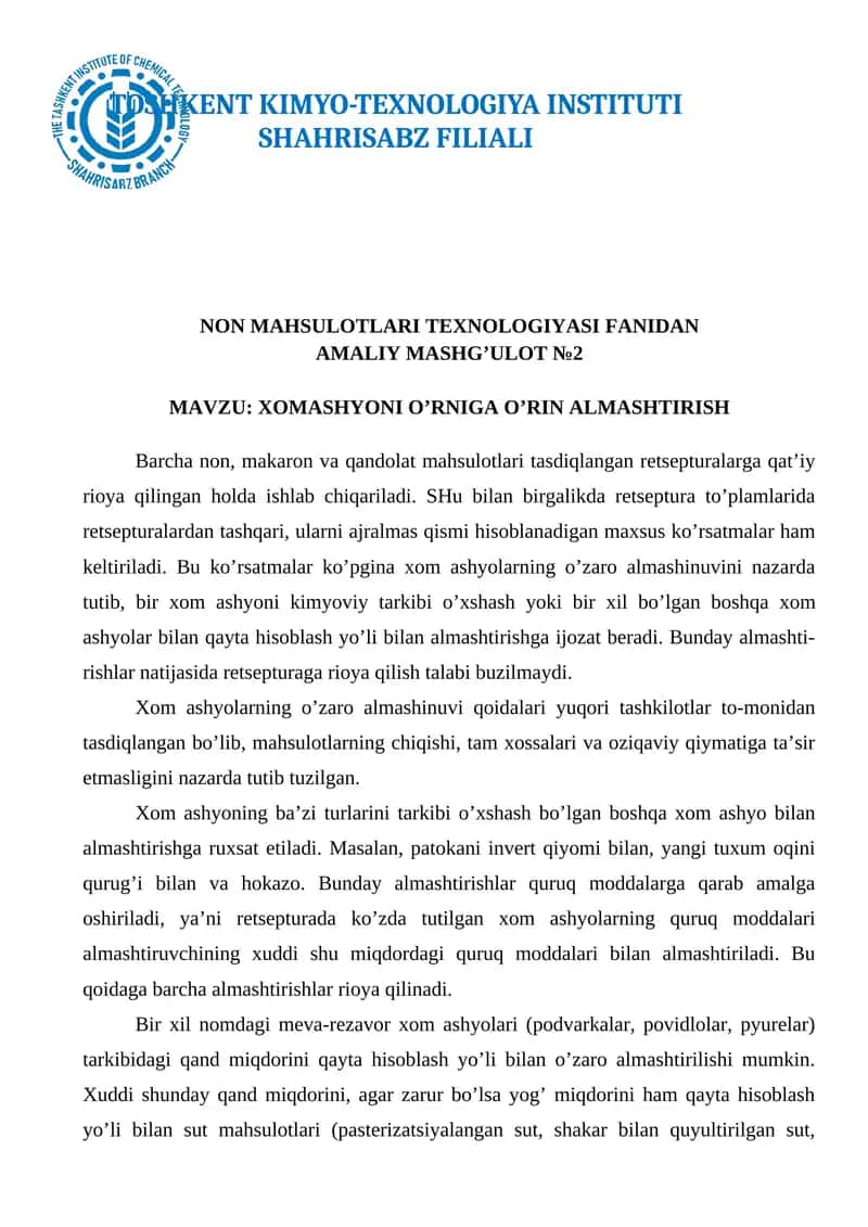 NON MAHSULOTLARI TEXNOLOGIYASI FANIDAN AMALIY MASHG’ULOT №2