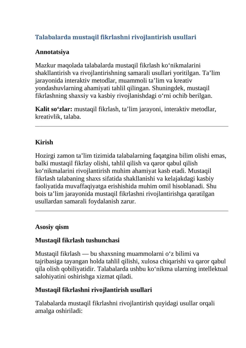 Talabalarda mustaqil fikrlashni rivojlantirish usullari