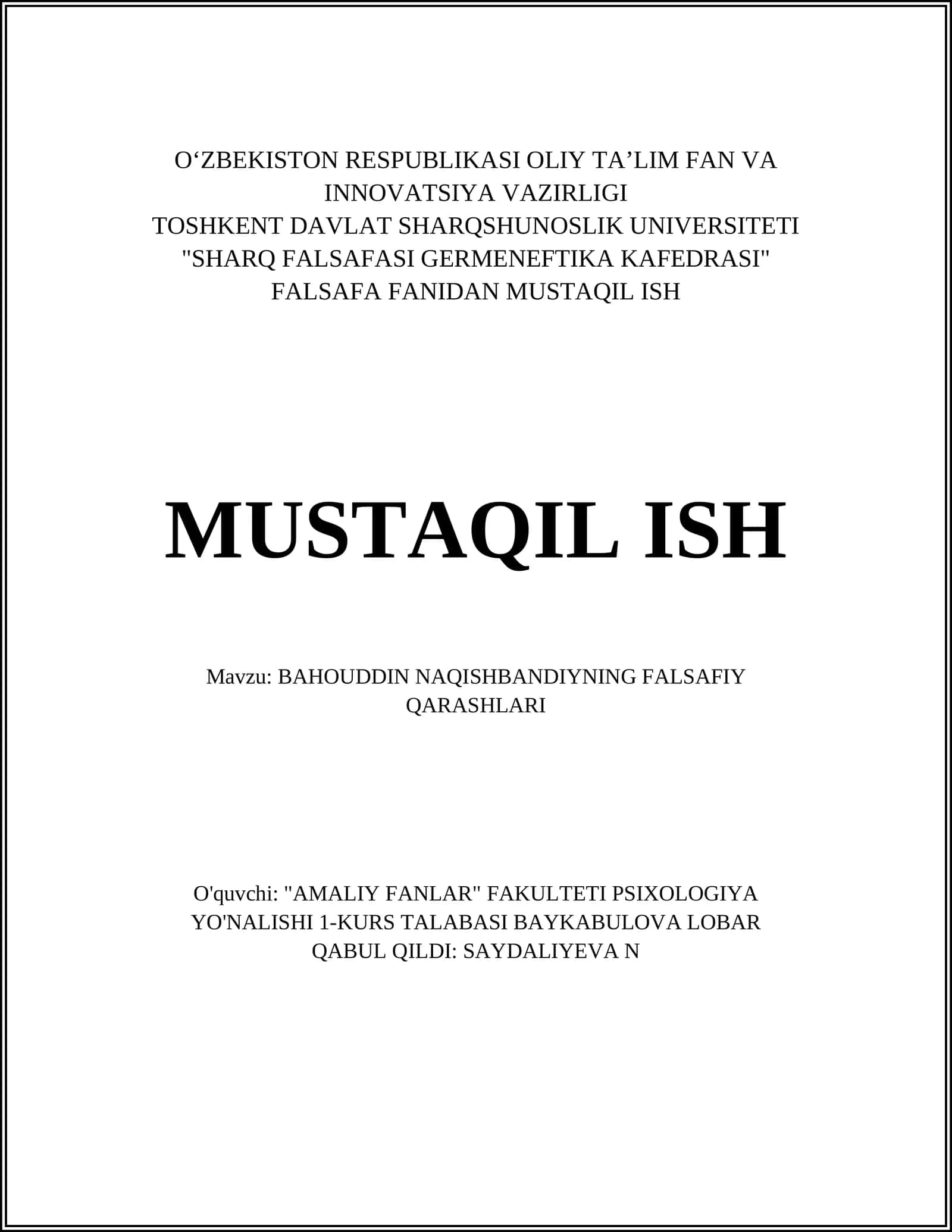 BAHOUDDIN NAQISHBANDIYNING FALSAFIY QARASHLARI