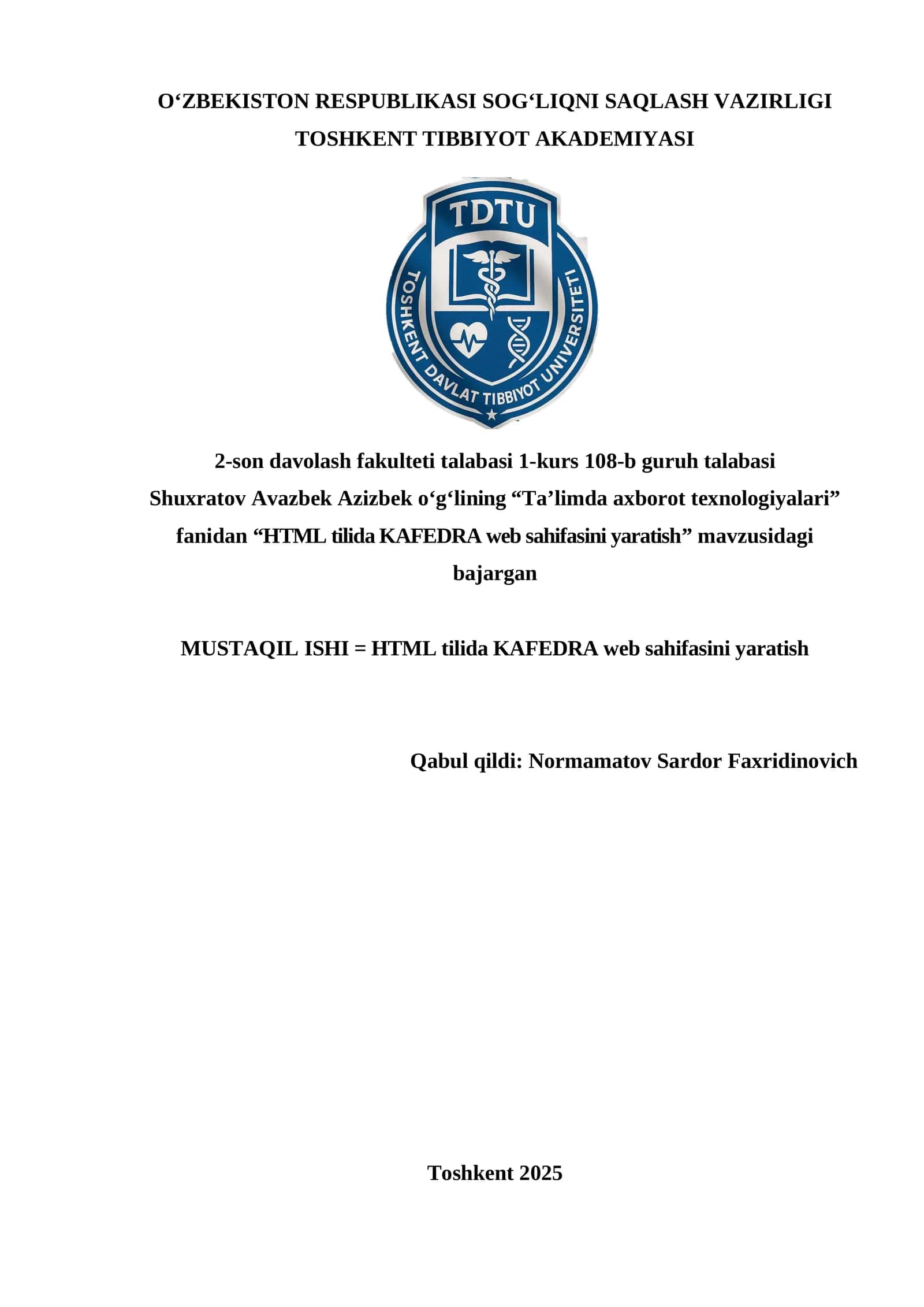 HTML tilida KAFEDRA web sahifasini yaratish