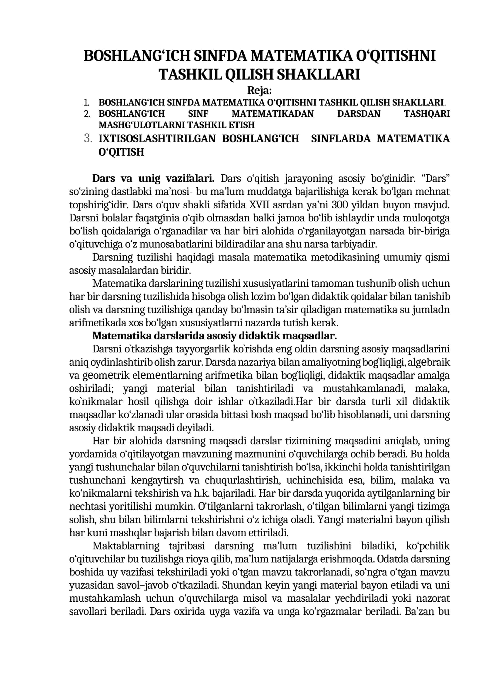 BOSHLANG‘ICH SINFDA MATEMATIKA O‘QITISHNI TASHKIL QILISH SHAKLLARI