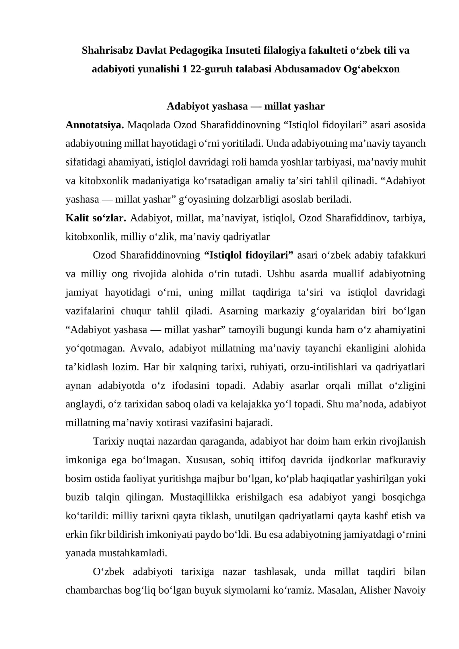 Adabiyot yashasa — millat yashar
