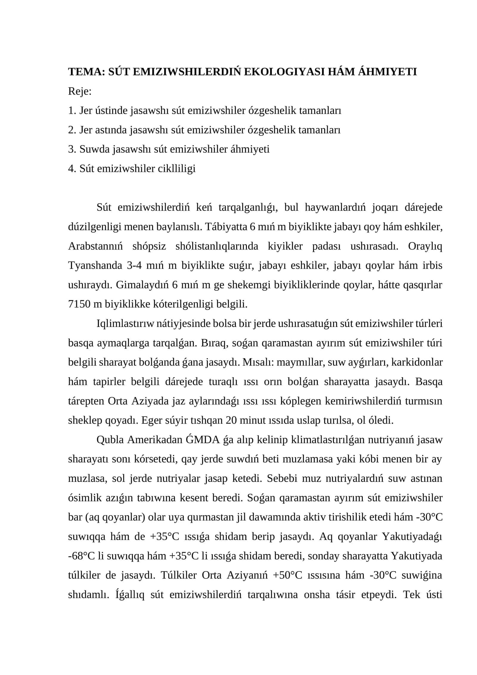 SÚT EMIZIWSHILERDIŃ EKOLOGIYASI HÁM ÁHMIYETI