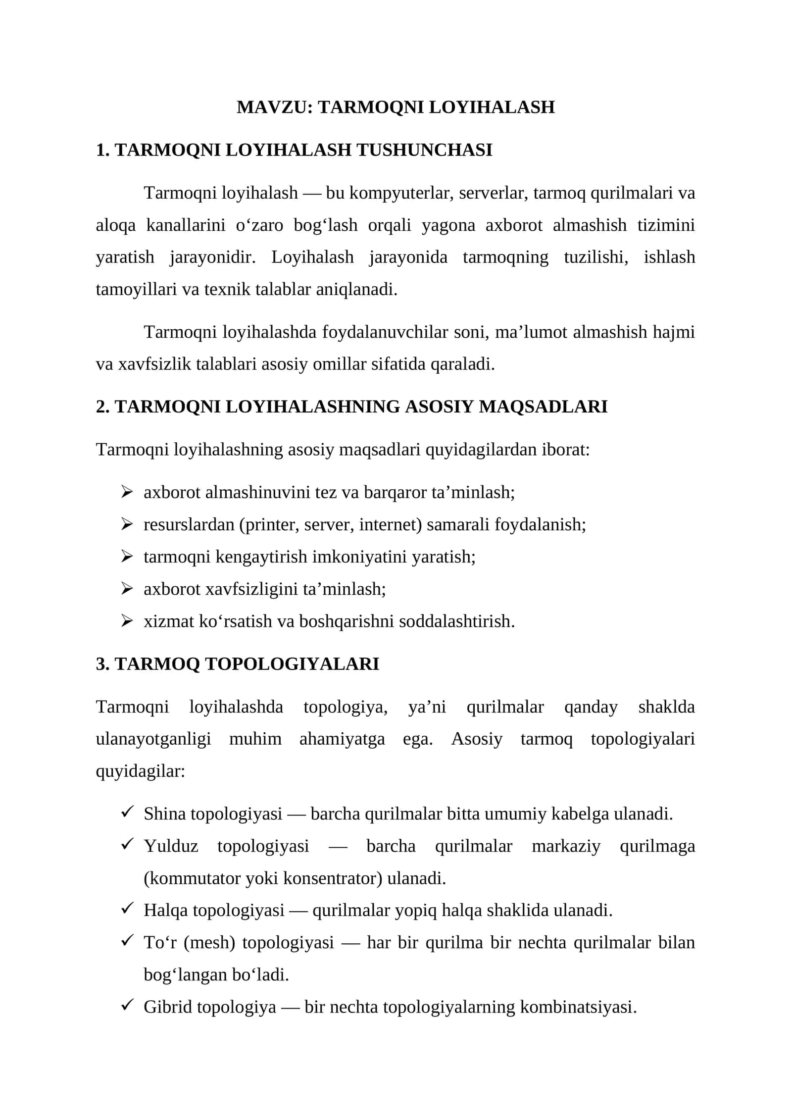 TARMOQNI LOYIHALASH