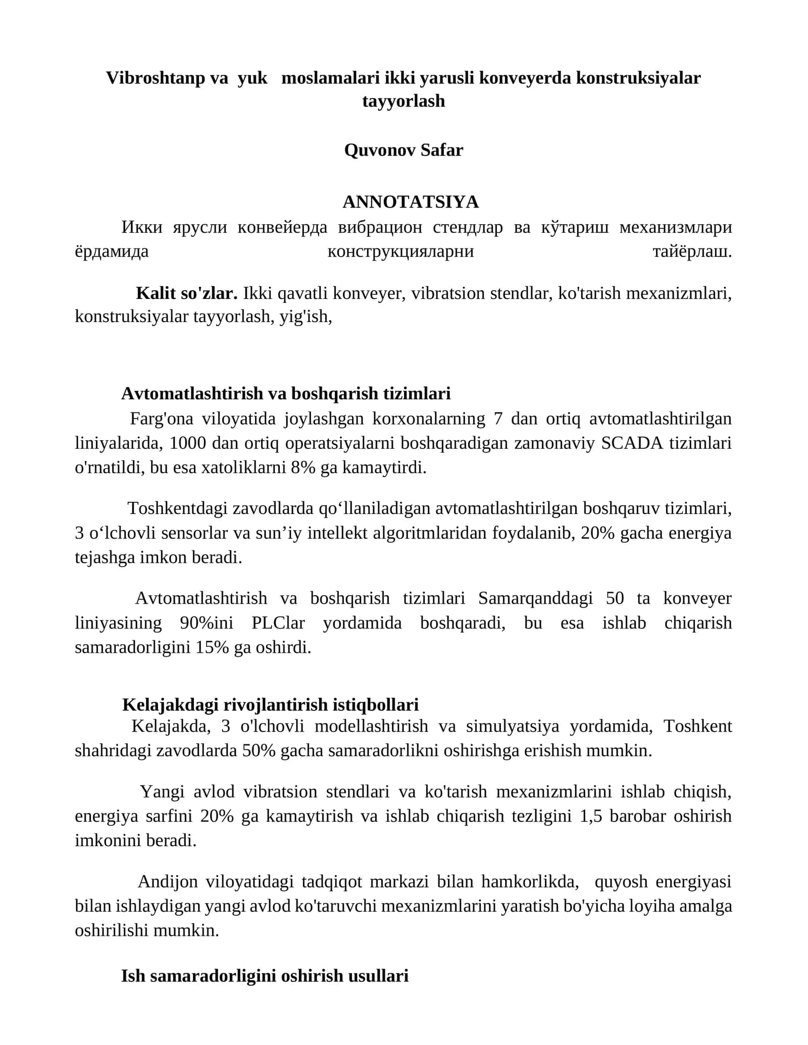 Vibroshtanp va yuk moslamalari ikki yarusli konveyerda konstruksiyalar tayyorlash