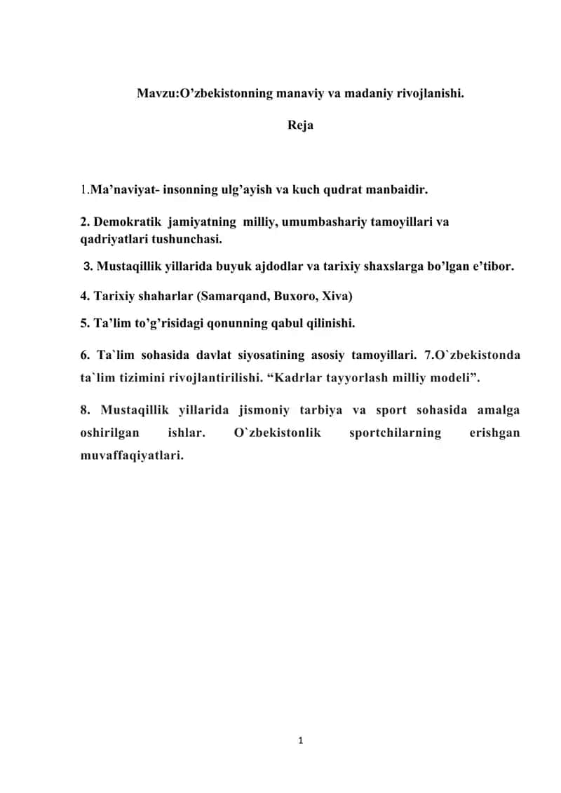O’zbekistonning manaviy va madaniy rivojlanishi
