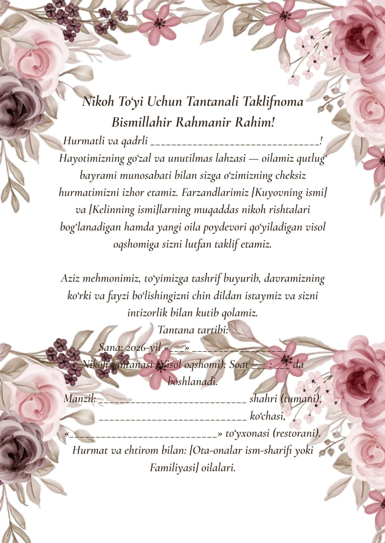 NikohTo‘yi Uchun Tantanali Taklifnoma