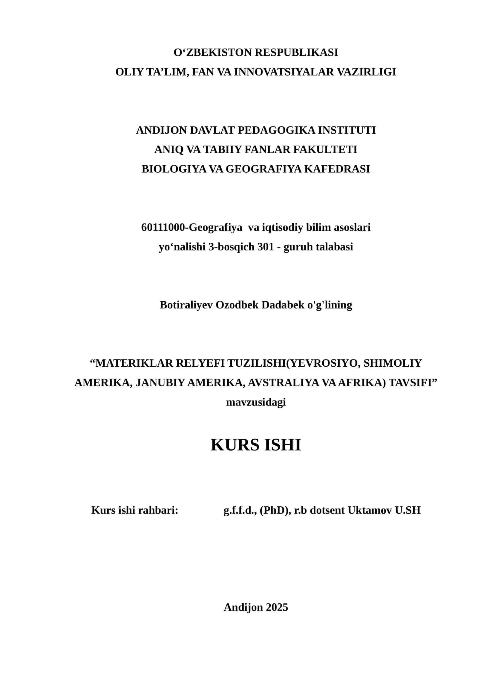 MATERIKLAR RELYEFI TUZILISHI.KURS ISHI.