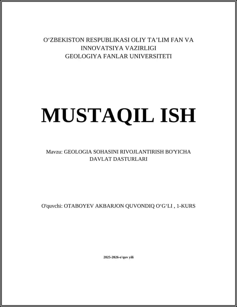 GEOLOGIA SOHASINI RIVOJLANTIRISH BO'YICHA DAVLAT DASTURLARI