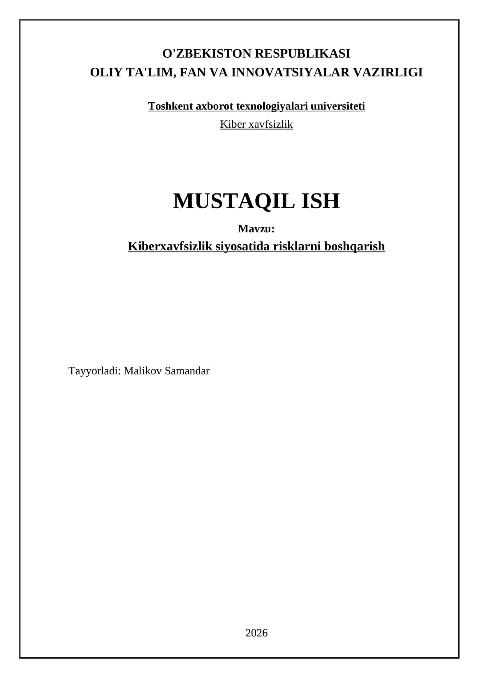 Kiberxavfsizlik siyosatida risklarni boshqarish