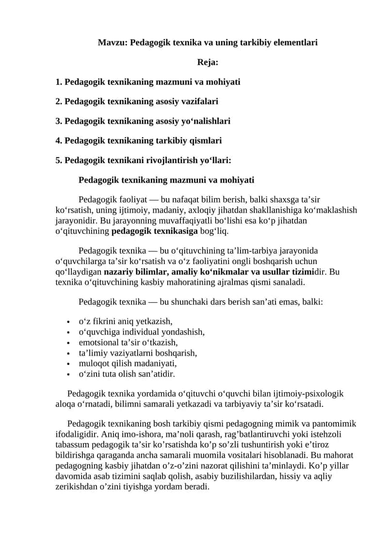 Pedagogik texnika va uning tarkibiy elementlari