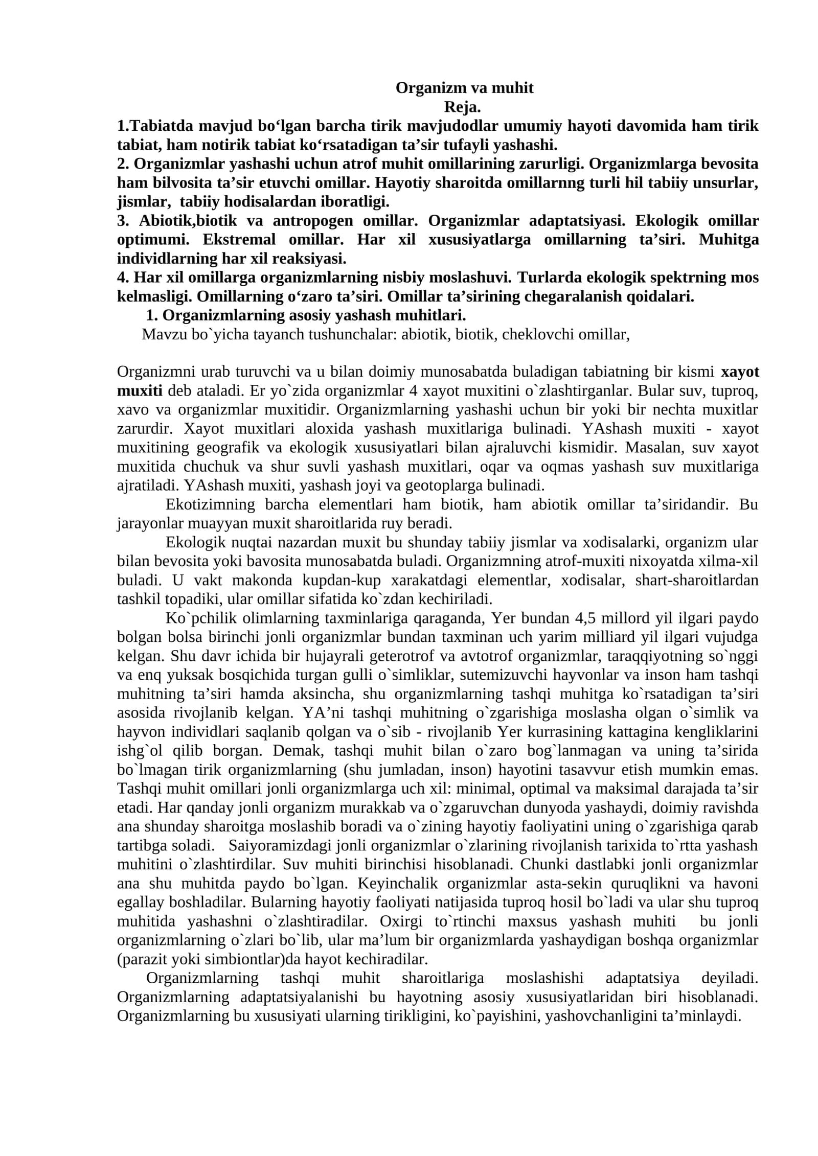 Organizm va muhit