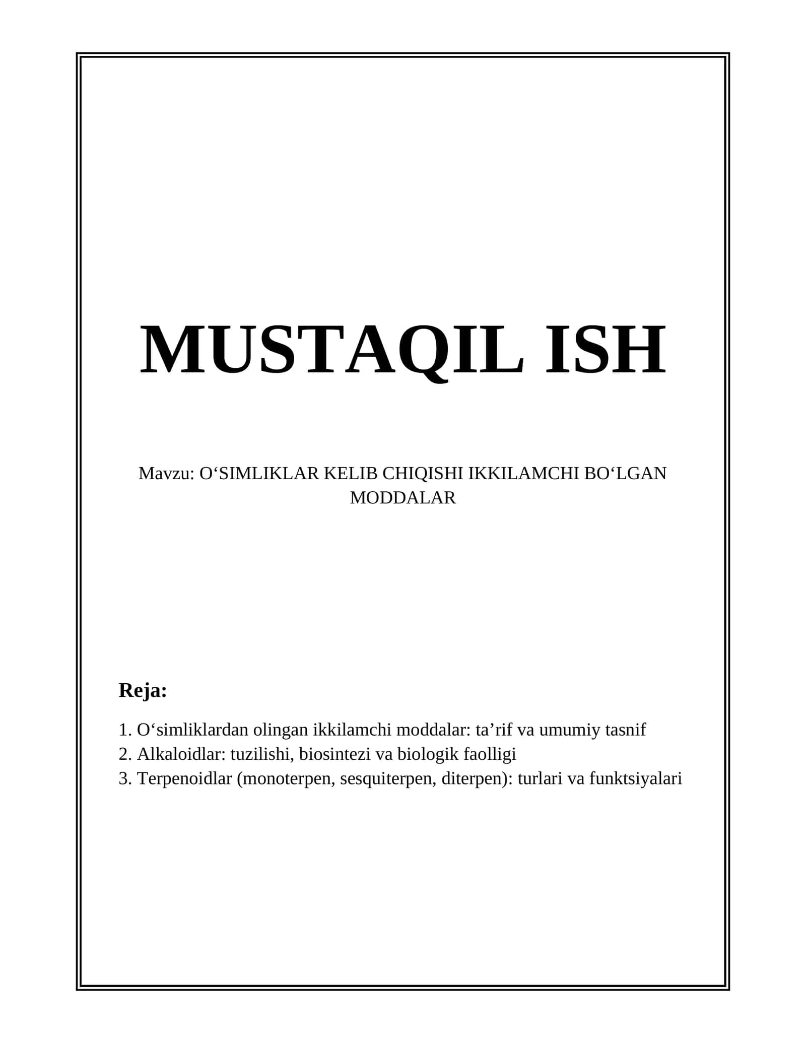 Oʻsimliklardan Olingan Ikkilamchi Moddalar