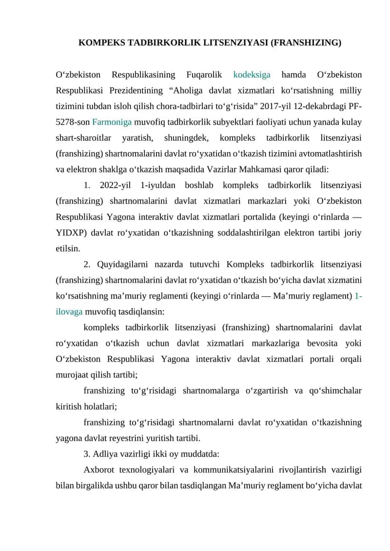 KOMPEKS TADBIRKORLIK LITSENZIYASI (FRANSHIZING)
