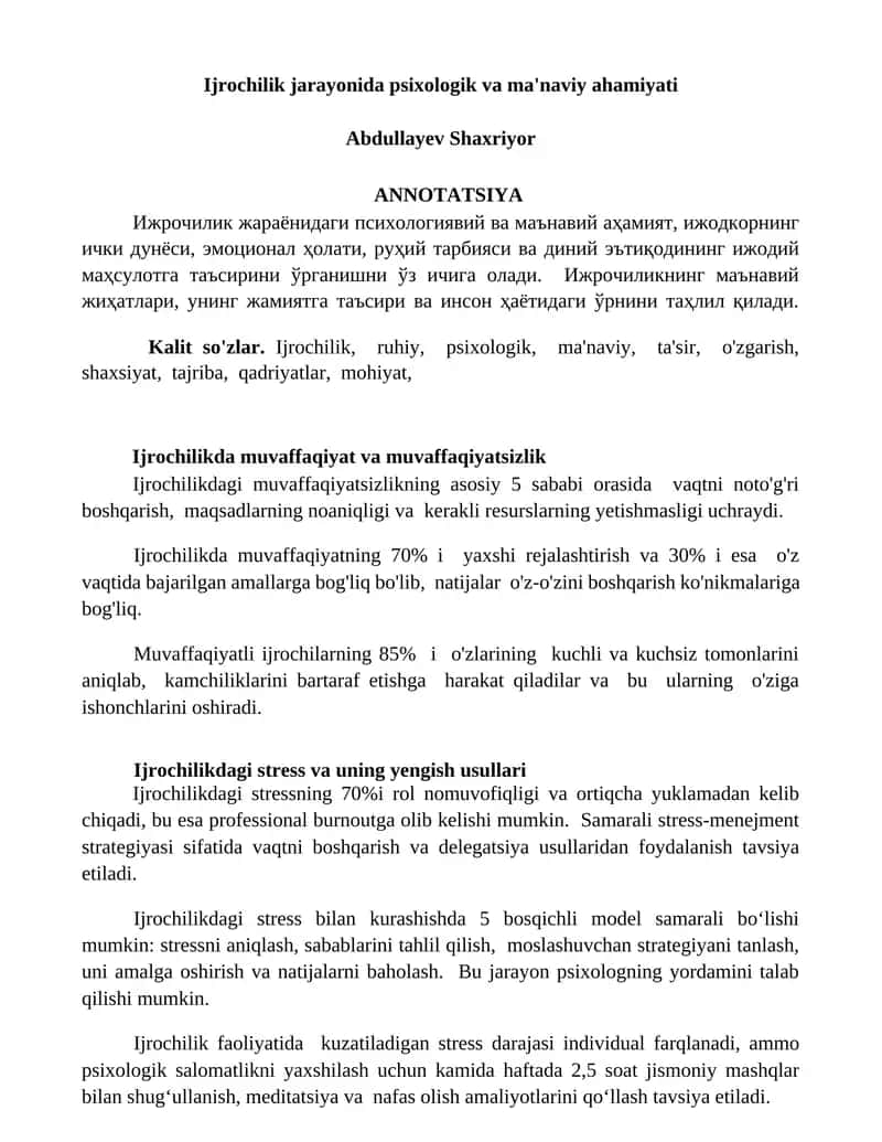 Ijrochilik jarayonida psixologik va ma'naviy ahamiyati