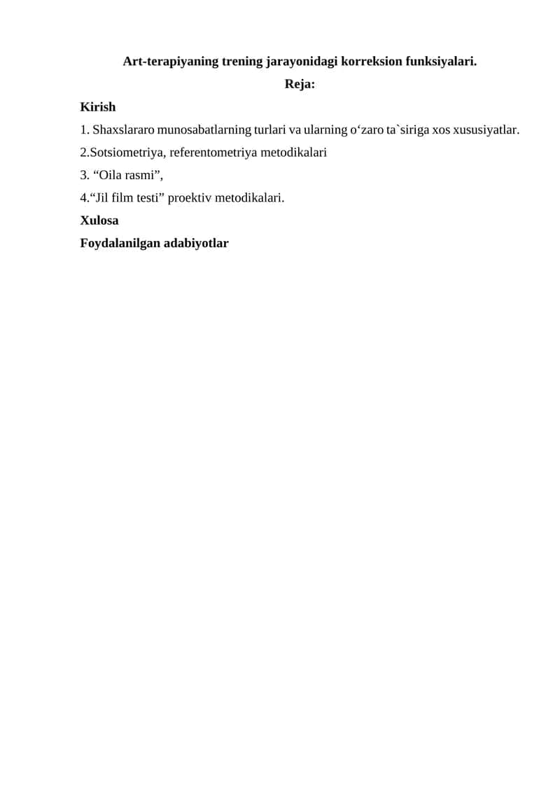 Art-terapiyaning trening jarayonidagi korreksion funksiyalari