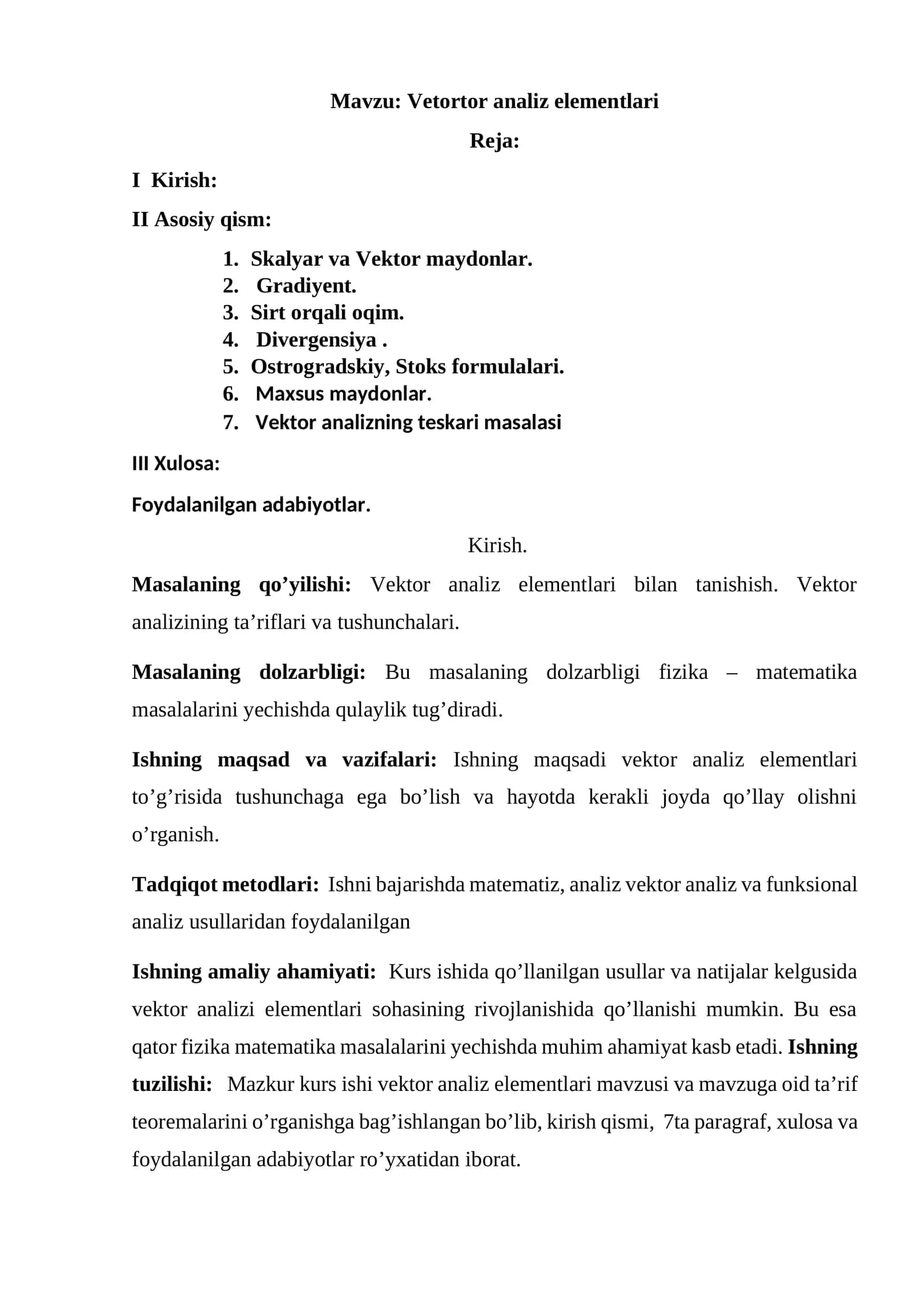 Vetortor analiz elementlari