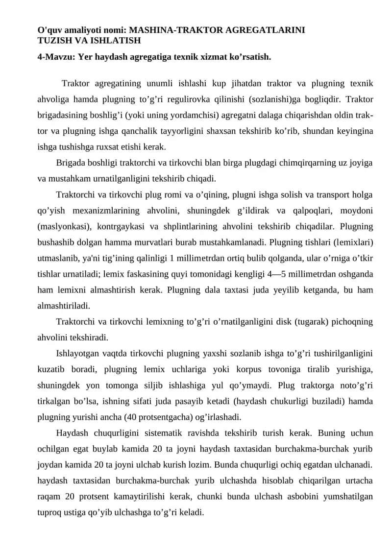 MASHINA-TRAKTOR AGREGATLARINI TUZISH VA ISHLATISH