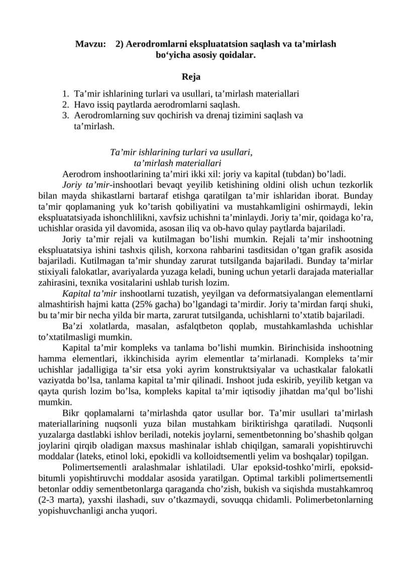 Aerodromlarni ekspluatatsion saqlash va ta’mirlash bo‘yicha asosiy qoidalar