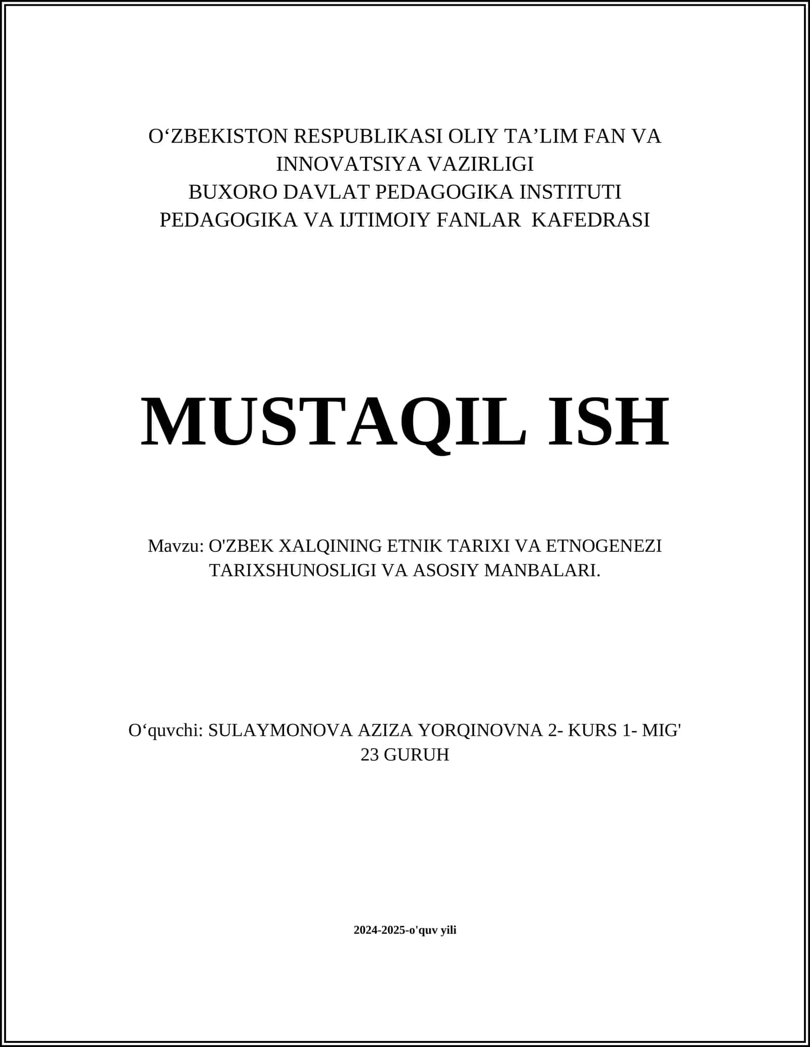 O'zbek Xalqining Etnik Tarixi va Etnogenezi