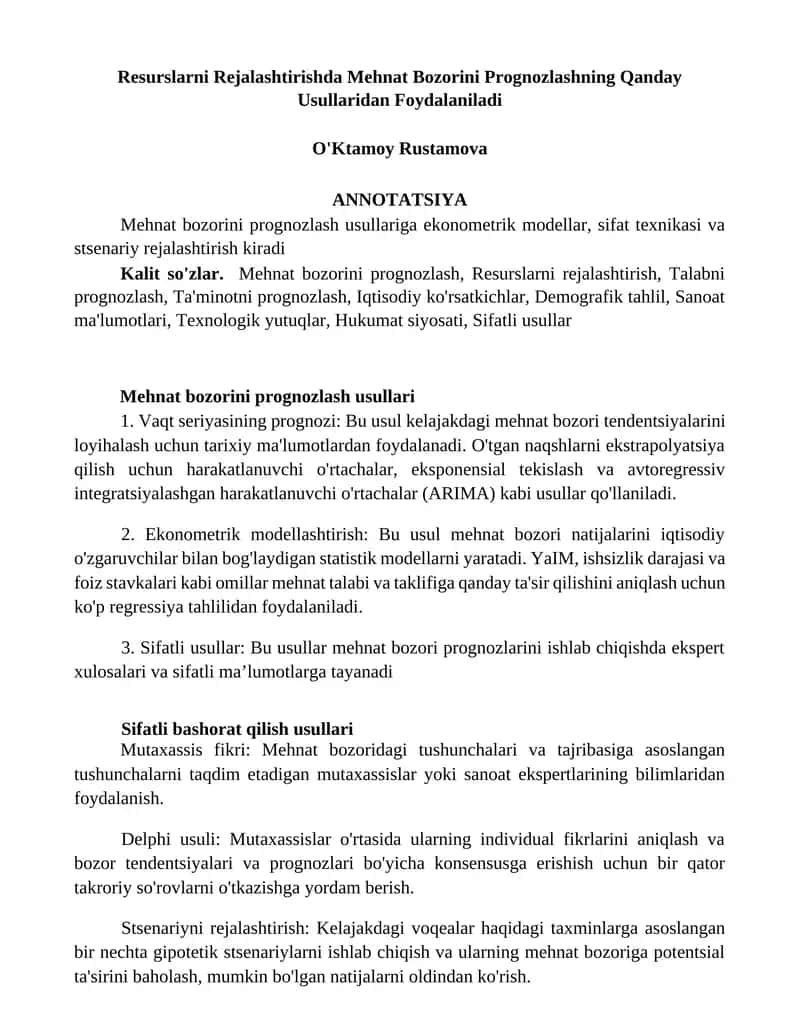 Mehnat bozorini Prognozlashning Usullari