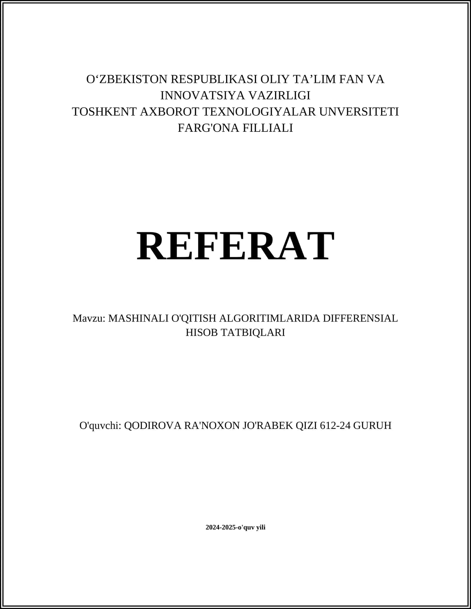 MASHINALI O'QITISH ALGORITIMLARIDA DIFFERENSIAL HISOB TATBIQLARI