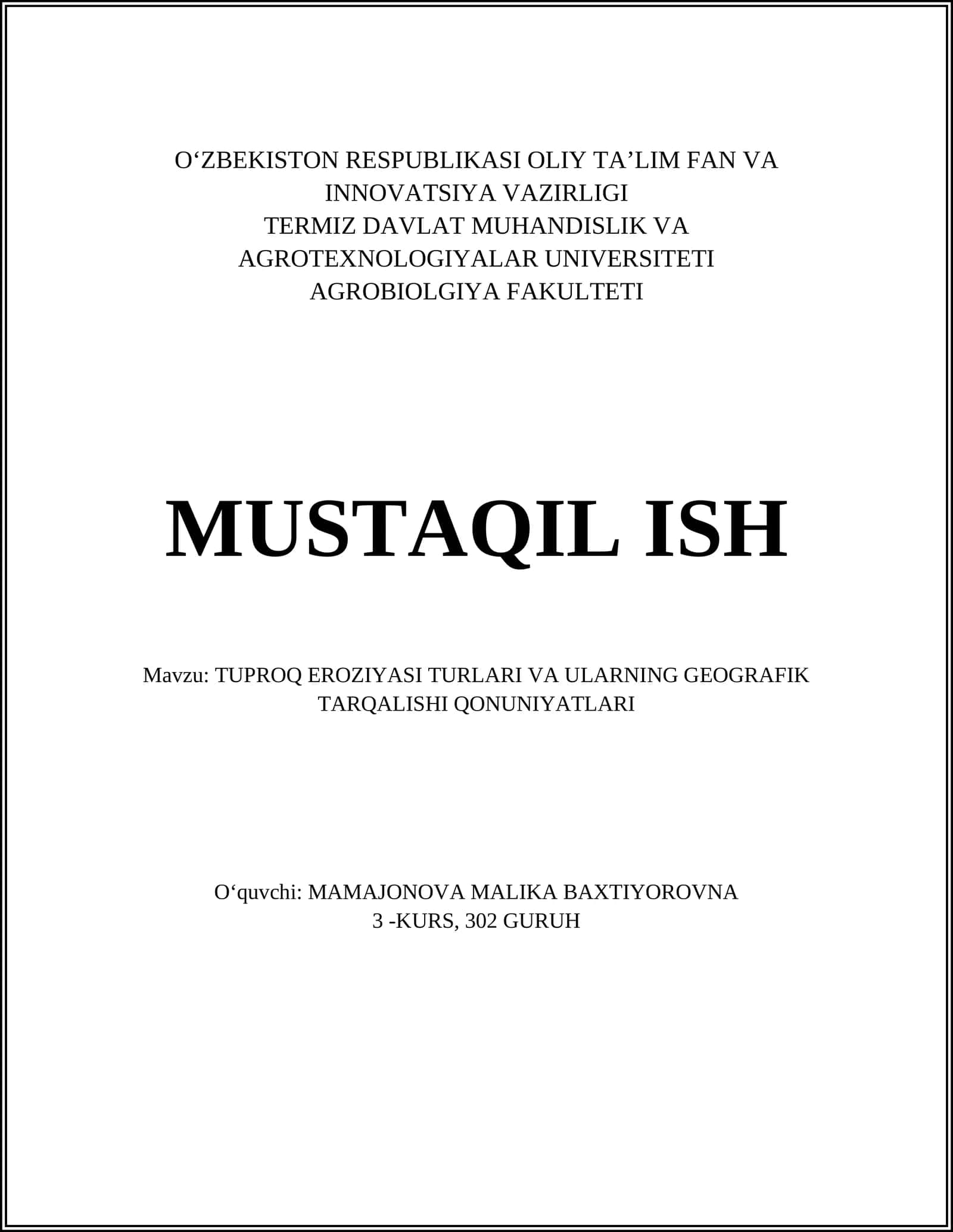 TUPROQ EROZIYASI TURLARI VA ULARNING GEOGRAFIK TARQALISHI QONUNIYATLARI