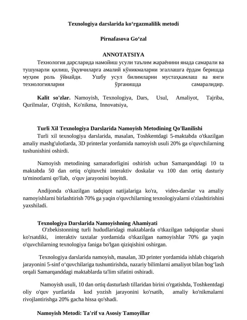 Texnologiya darslarida koʻrgazmalilik metodi
