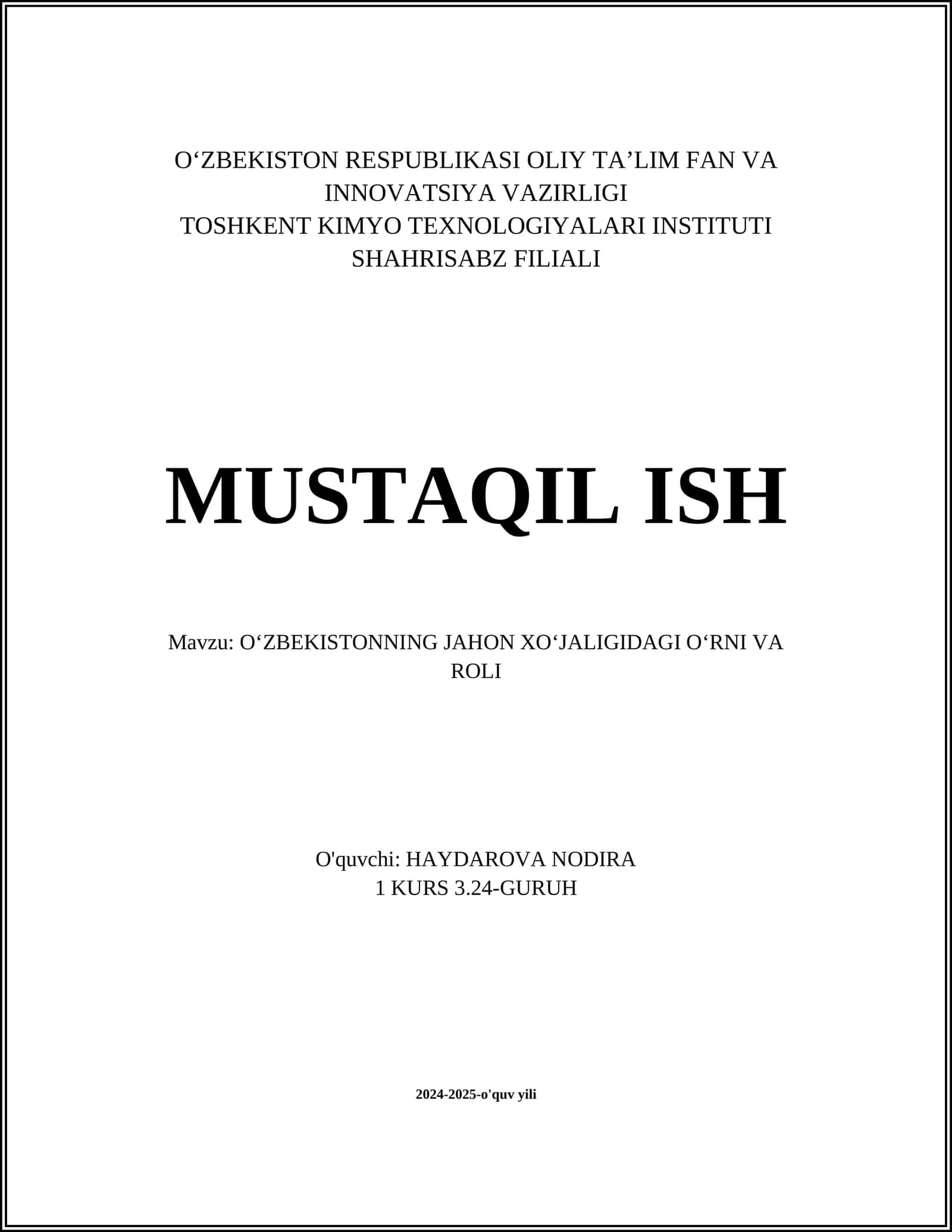 OʻZBEKISTONNING JAHON XOʻJALIGIDAGI OʻRNI VA ROLI