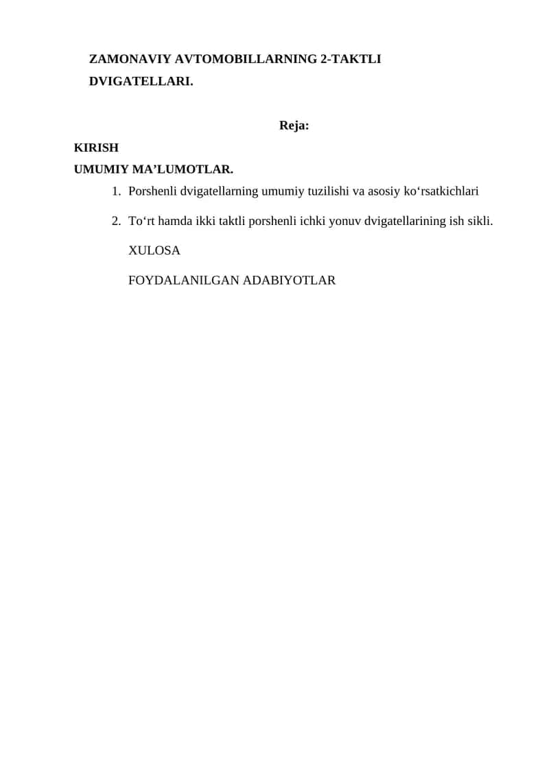 ZAMONAVIY AVTOMOBILLARNING 2-TAKTLI DVIGATELLARI