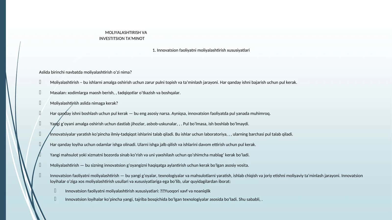 Innovatsion faoliyatni moliyalashtirish xususiyatlari