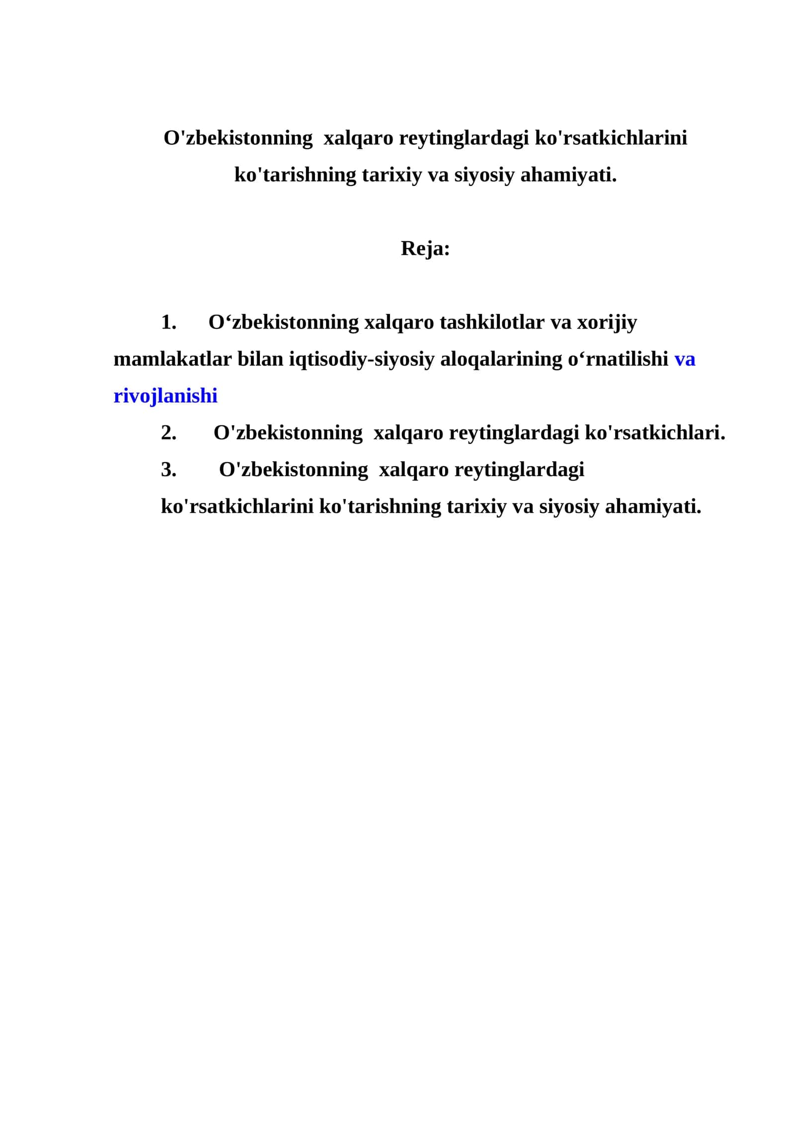 O'zbekistonning xalqaro reytinglardagi ko'rsatkichlarini ko'tarishning tarixiy va siyosiy ahamiyati