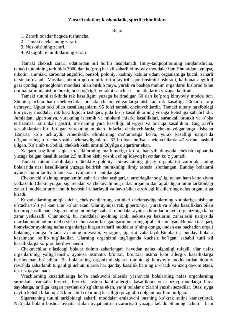 Zararli odatlar; kashandalik, spirtli ichimliklar