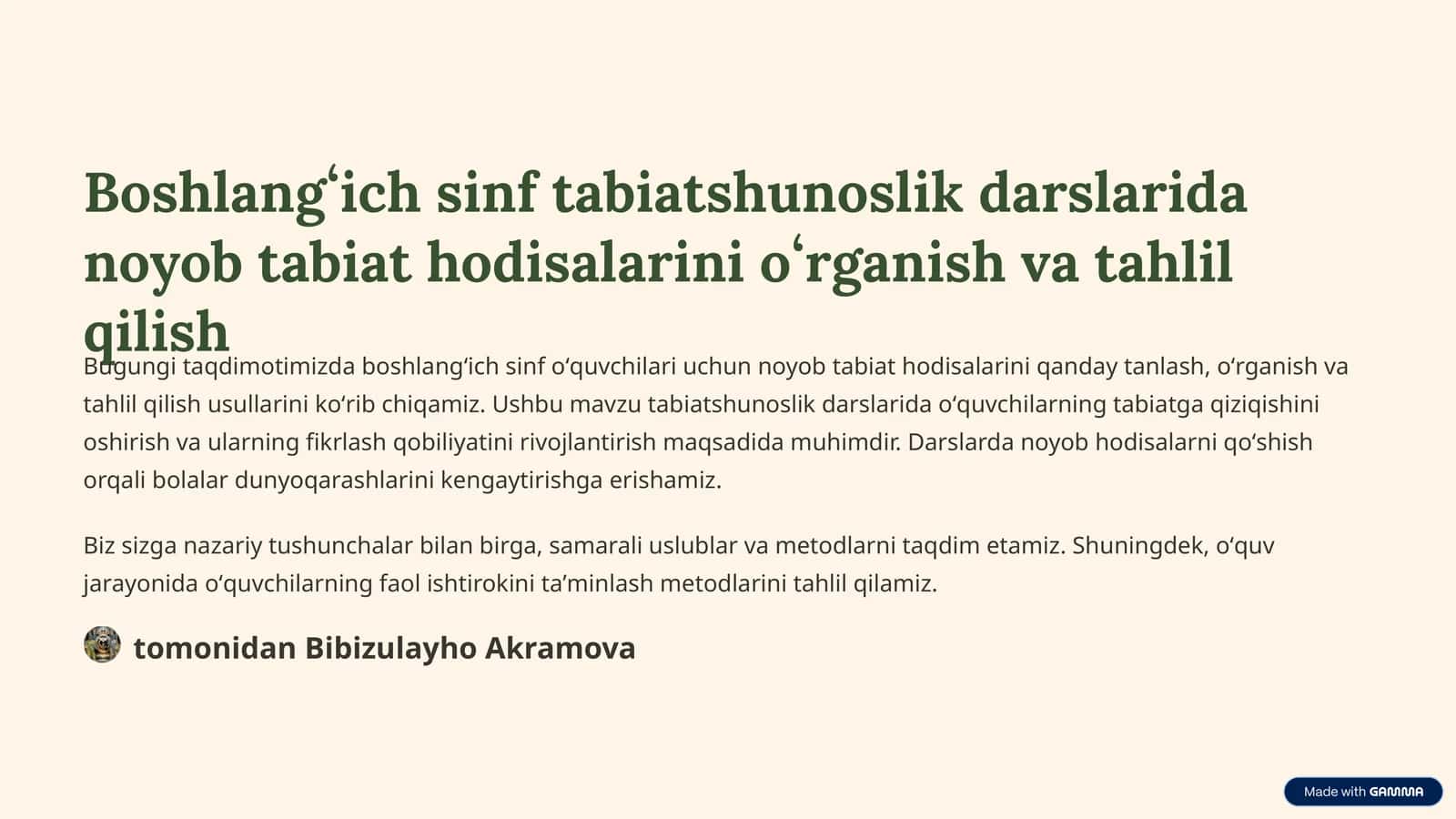 Boshlangʻich sinf tabiatshunoslik darslarida noyob tabiat hodisalarini oʻrganish va tahlil qilish