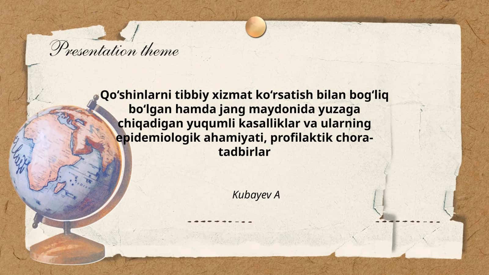 Qo‘shinlarni tibbiy xizmat ko‘rsatish bilan bog‘liq bo‘lgan hamda jang maydonida yuzaga chiqadigan yuqumli kasalliklar va ularning epidemiologik ahamiyati, profilaktik chora-tadbirlar