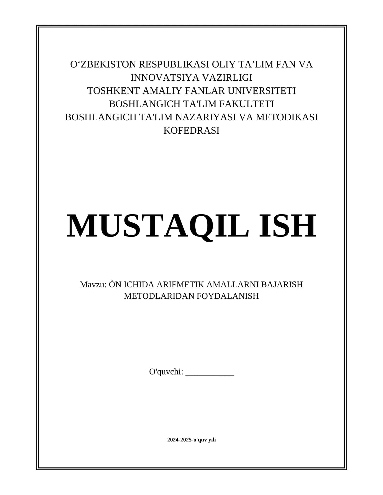 ÒN ICHIDA ARIFMETIK AMALLARNI BAJARISH METODLARIDAN FOYDALANISH