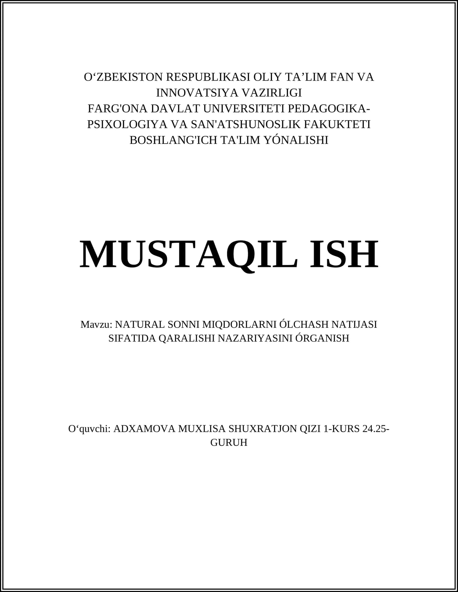 NATURAL SONNI MIQDORLARNI ÓLCHASH NATIJASI SIFATIDA QARALISHI NAZARIYASINI ÓRGANISH