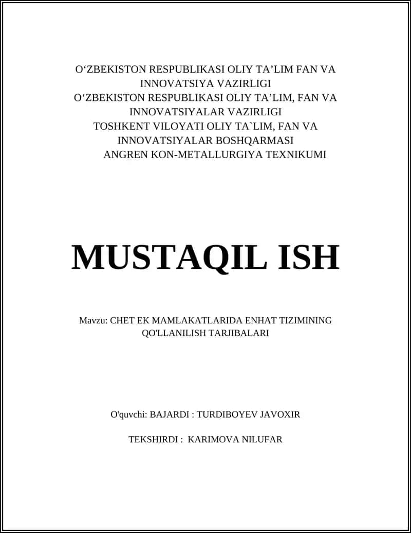 CHET EK MAMLAKATLARIDA ENHAT TIZIMINING QO'LLANILISH TARJIBALARI