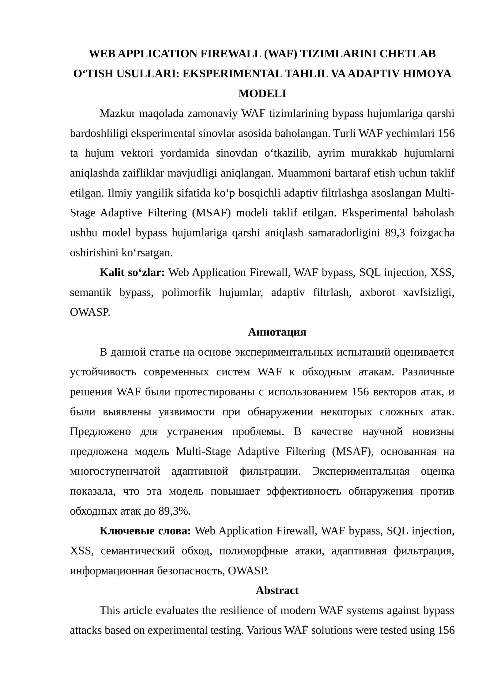 WEB APPLICATION FIREWALL (WAF) TIZIMLARINI CHETLAB OʻTISH USULLARI: EKSPERIMENTAL TAHLIL VA ADAPTIV HIMOYA MODELI